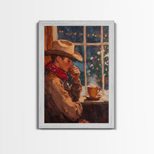 Load image into Gallery viewer, Cowboy in Snow with Coffee Framed Canvas Print - Winter Country Scene Art 2024 Cozy Christmas Wall Decor and Gift Idea