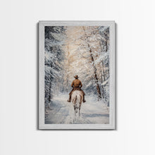Cargar imagen en el visor de la galería, Cowboy by Window with Coffee Framed Canvas Print - Cozy Christmas Wall Art 2024 Rustic Holiday Decor and Gift Idea