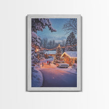 Cargar imagen en el visor de la galería, Classic Winter Christmas Neighborhood Framed Canvas Print Tall Art With Lights And Christmas Tree, Holiday Wall Art Home Decor