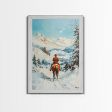 Load image into Gallery viewer, Cowboy Riding Through Snowy Mountains Framed Canvas Print Christmas Wall Art Winter Wonderland Decor Seasonal Wall Art Christmas Gift Idea