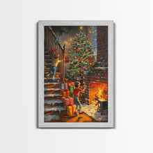 Cargar imagen en el visor de la galería, Children Hanging Stockings By The Fireplace Framed Canvas Print Tall Art With Christmas Tree, Nostalgic Christmas Wall Art Holiday Decor