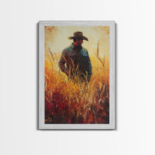 Load image into Gallery viewer, Cowboy in Golden Wheat Field Canvas Print, Western Landscape Art Gift, Seasonal Decor, Modern, Perfect Holiday Gift, Framed Canvas Print