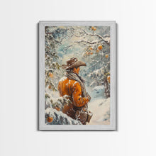 Load image into Gallery viewer, Cowboy in Snowy Orchard Canvas Print with Frosty, Christmas Wall Art Gift, Seasonal Decor, Winter Wonderland, Holiday Decor, Canvas Print
