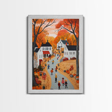Carregar imagem no visualizador da galeria, Autumn Village Scene Framed Canvas Print Tall Art With Fall Leaves And Pumpkins, Cozy Wall Art For Seasonal Farmhouse Decor