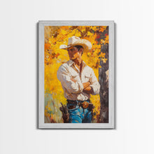 Load image into Gallery viewer, Cowboy with Autumn Foliage Canvas Print, Vibrant Fall Decor, Perfect Fall Wall Art, Seasonal Home Decor, Western Art, Framed Canvas Print