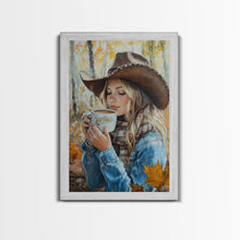 Carregar imagem no visualizador da galeria, Fall-themed farmhouse framed canvas print a woman with coffee amidst autumn leaves ideal harvest home decor or seasonal wall art gift idea