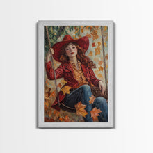 Carregar imagem no visualizador da galeria, Fall Cowgirl Enjoying Her Swing, Framed Canvas Print, Autumn Decor, Cute Wall Art Gift Idea