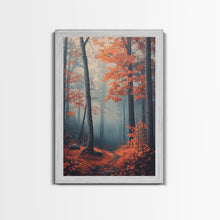 Carregar imagem no visualizador da galeria, Framed Canvas Print of Misty Autumn Forest with Vibrant Red Leaves, Seasonal Wall Art, Modern Farmhouse, Gift Idea, Fall Landscape Art