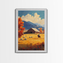 Load image into Gallery viewer, Cowboy Herding Cattle Framed Canvas Print Rustic Autumn Landscape With Barn And Vibrant Fall Colors Perfect Country Christmas Decor Art