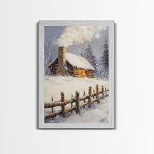 Load image into Gallery viewer, Rustic Cabin In Snow Framed Canvas Print Wall Art Christmas Home Decor, Winter Landscape Art, Cozy Winter Cabin Scene