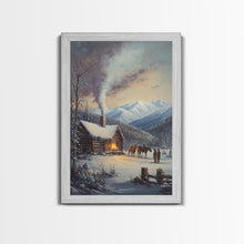Load image into Gallery viewer, Mountain Cabin In Snow With Horses Framed Canvas Print Wall Art Rustic Winter Decor, Country Christmas Art, Winter Wonderland Scene