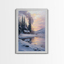Carregar imagem no visualizador da galeria, Cabin In Snowy Forest Framed Canvas Print Wall Art Winter Landscape Decor, Cozy Christmas Art Gift, Rustic Winter Wonderland Art