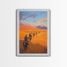 Load image into Gallery viewer, Cowboy Campfire Framed Canvas Print, Evening Gathering with Riders Around Fire, Western Landscape Art for Fall or Winter Home Decor