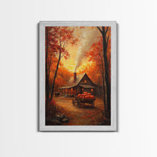 Carregar imagem no visualizador da galeria, Autumn Cabin with Pumpkins Framed Canvas Print, Warm Fall Countryside Scene with Golden Leaves, Cozy Rustic Farmhouse Wall Art Decor