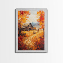 Carregar imagem no visualizador da galeria, Autumn Barnyard Framed Canvas Print, Vibrant Fall Landscape Cowboy and Barn, Perfect Rustic Wall Art Farmhouse or Ranch Style Fall Decor