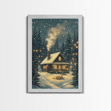 Load image into Gallery viewer, Cozy Cabin in Snowy Winter Forest, Warm Christmas Lights and Peaceful Holiday Scene, Perfect for Winter Wall Art, Framed Canvas Print