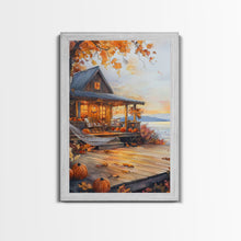 Cargar imagen en el visor de la galería, Cozy autumn cabin porch with pumpkins and scenic view, Framed Canvas Print, perfect above sofa art, fall seasonal decor, gallery wall