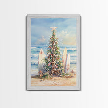 Cargar imagen en el visor de la galería, Coastal Christmas tree with surfboards at the beach Framed Canvas Print, tropical holiday wall art beach Christmas decor Christmas prints