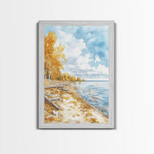 Load image into Gallery viewer, Autumn beach scene with golden trees and calm shoreline Framed Canvas Print, fall landscape art perfect autumn wall decor for rustic homes