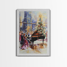 Load image into Gallery viewer, Elegant Christmas party with grand piano and city skyline view Framed Canvas Print, classy holiday wall art perfect seasonal decor idea