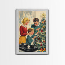 Carregar imagem no visualizador da galeria, Mid-Century Family Christmas Celebration with Turntable and Christmas Tree, Retro Holiday Wall Art, Framed Canvas Print