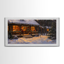 Carregar imagem no visualizador da galeria, Festive Log Cabin Winter Scene Framed Canvas Print Christmas Wall Art, Rustic Holiday Art, Cozy Christmas Scene, Seasonal Wall Decor Gift