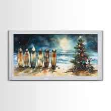 Carregar imagem no visualizador da galeria, Canvas Print Surfboards and Christmas Tree at Beach, Tropical Christmas Decor, Beach Christmas Art, Coastal Holiday Wall Art