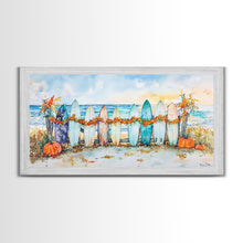 Carregar imagem no visualizador da galeria, Framed Canvas Print Beach Scene with Surfboards and Pumpkins, Fall Beach Decor, Autumn Coastal Wall Art, Perfect Fall Beach Theme