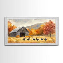 Carregar imagem no visualizador da galeria, Framed Canvas Print Rustic Barn with Pumpkins and Turkeys, Perfect Autumn Farmhouse Decor, Fall Wall Art, Country Autumn Scene