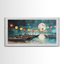 Load image into Gallery viewer, Framed Canvas Print Full Moon Lanterns on Boats, Dreamy Night Scene, Watercolor Christmas Art, Unique Holiday Decor, Coastal Christmas