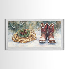 Carregar imagem no visualizador da galeria, Canvas Print Cowboy Boots with Christmas Wreath and Rope, Rustic Christmas Decor, Winter Western Holiday Art, Farmhouse Wall Print