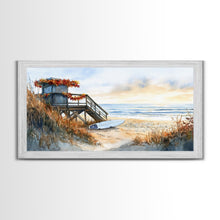 Cargar imagen en el visor de la galería, Christmas vacation decor Framed Canvas Print coastal beach cabin snowy winter landscape holiday decor gallery wall Christmas wall print