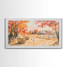 Load image into Gallery viewer, Autumn farmhouse decor Canvas Print fall landscape with barn and chickens harvest season gift idea rustic fall wall art holiday home decor