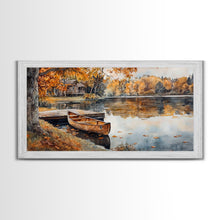 Carregar imagem no visualizador da galeria, Fall lake house decor Framed Canvas Print serene lakeside cabin canoe rustic autumn wall art seasonal decor gift idea cozy fall home decor