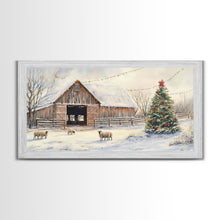 Cargar imagen en el visor de la galería, Christmas Barn Snow Sheep Canvas Print Christmas Farmhouse Decor Rustic Christmas Wall Art Framed Canvas Print Christmas Outdoor Decor