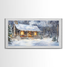 Load image into Gallery viewer, Snowy cabin Christmas decor, winter wonderland wall art, rustic farmhouse Christmas print, cozy country home decor, framed canvas print