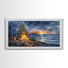 Load image into Gallery viewer, Beach Christmas decor with bonfire, sunset coastal holiday wall art, Christmas tree print, festive coastal art gift, framed canvas print