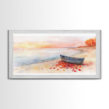 Carregar imagem no visualizador da galeria, Autumn beach landscape art, fall sunset wall art, coastal boat decor, beach fall home decor, seasonal wall art gift, framed canvas print