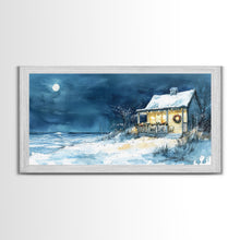 Cargar imagen en el visor de la galería, Coastal Christmas cabin decor, winter beach house art, snowy holiday seaside print, cozy Christmas wall art, framed canvas print