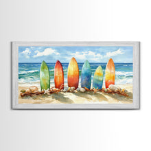 Load image into Gallery viewer, Colorful surfboards Christmas wall art, beach holiday decor, coastal Christmas art, framed canvas print, tropical Christmas art gift