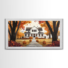Carregar imagem no visualizador da galeria, Fall farmhouse pumpkin decor, autumn country home art, rustic fall wall print seasonal wall decor, framed canvas print, autumn farmhouse art