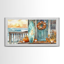 Load image into Gallery viewer, Coastal Surfboard and Pumpkins Fall Scene, Framed Canvas Print, Autumn Beach Decor, Fall Home Decor, Wall Art, Coastal Autumn Wall Print