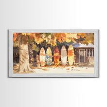Carregar imagem no visualizador da galeria, Autumn surfboards art, canvas print featuring surfboards with fall leaves, cozy fall home decor, rustic wall art, autumn vacation gift idea