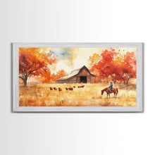 Load image into Gallery viewer, Cowboy on horse in autumn farm scene, framed canvas print, rustic fall decor, farmhouse home decor, cozy autumn landscape art, fall wall art