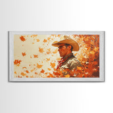 Load image into Gallery viewer, Cowboy and Fall Leaves, Framed Canvas Print Seasonal Wall Art Christmas Cowboy Gift Winter Landscape Wall Decor