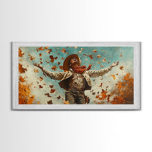 Load image into Gallery viewer, Cowboy Throwing Leaves In The Air, Funny Western Decor, Framed Canvas Print, Mood Lifting Wall Art, Fall Decor