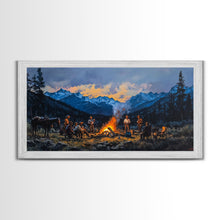 Carregar imagem no visualizador da galeria, Framed Canvas Print Western Cowboys Campfire Evening Art Landscape Rustic Winter Mountain Home Decor Extra Large Wall Art Gift