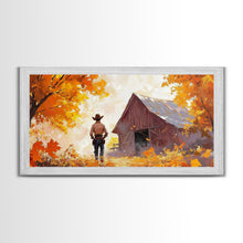 Load image into Gallery viewer, Cowboy and His Barn, Framed Canvas Print, Landscape Art Christmas Cowboy Holiday Art Wall Decor Seasonal