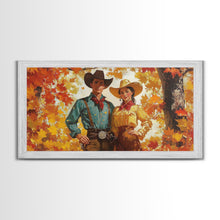 Carregar imagem no visualizador da galeria, Autumn Cowboy In Forest Framed Canvas Print Western Cowboy Wall Art Fall Cowboy Gift Rustic Wall Decor Moody Landscape Above Sofa
