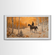Load image into Gallery viewer, Cowboy riding horse through deep snow in a winter storm, Framed Canvas Print, dynamic winter wall art, rustic western home decor